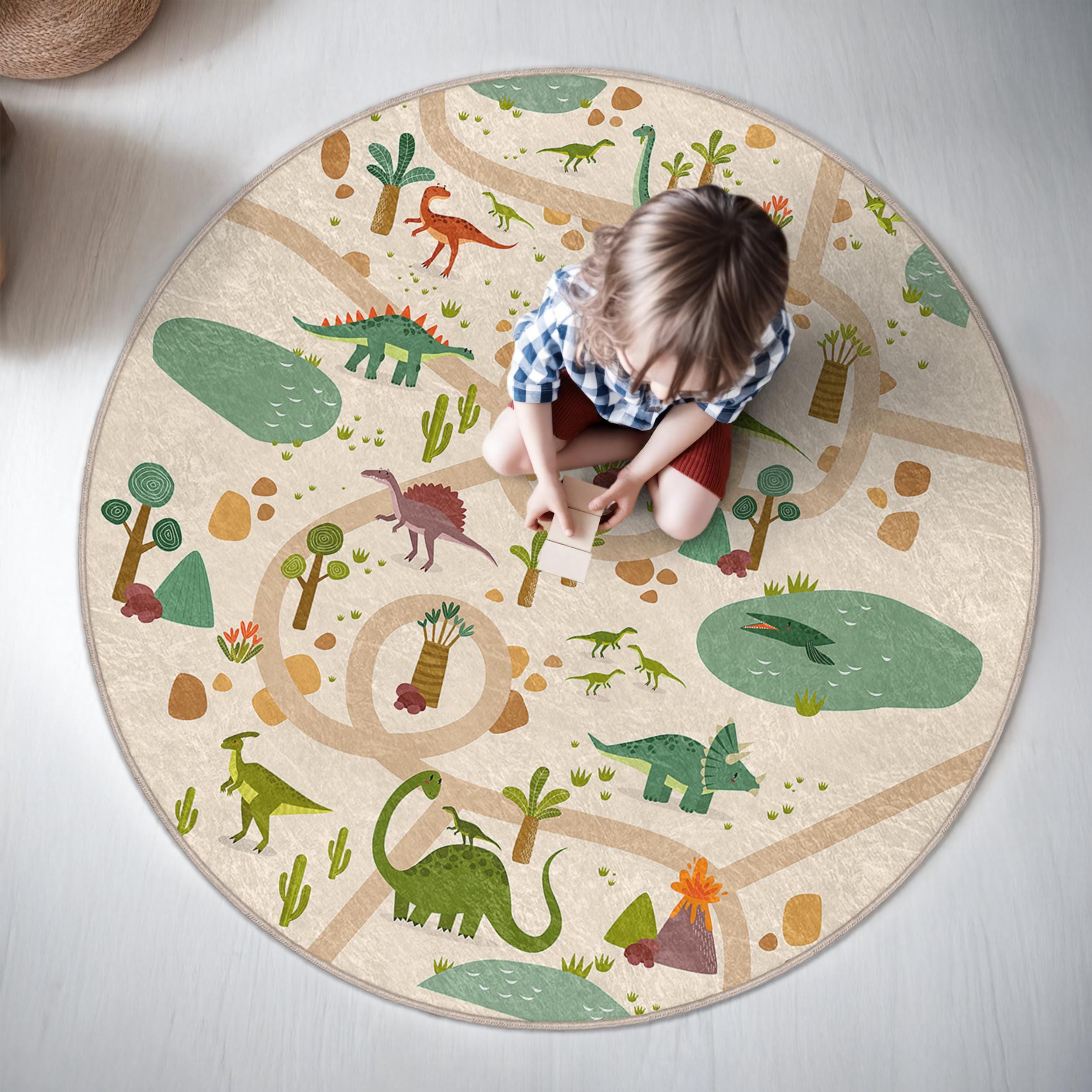 Dinosaur Adventure Kids Room Round Rug - Colorful Dino Circle Carpet ...