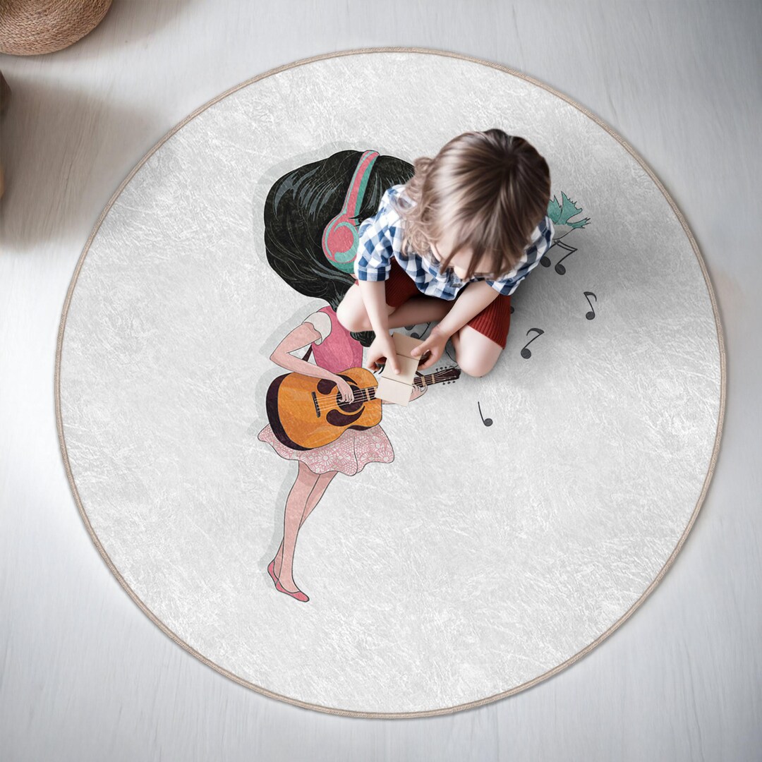Listening Rug Girl Musician Kids Room Round Rug-white Guitar Notes Circle Carpet ...