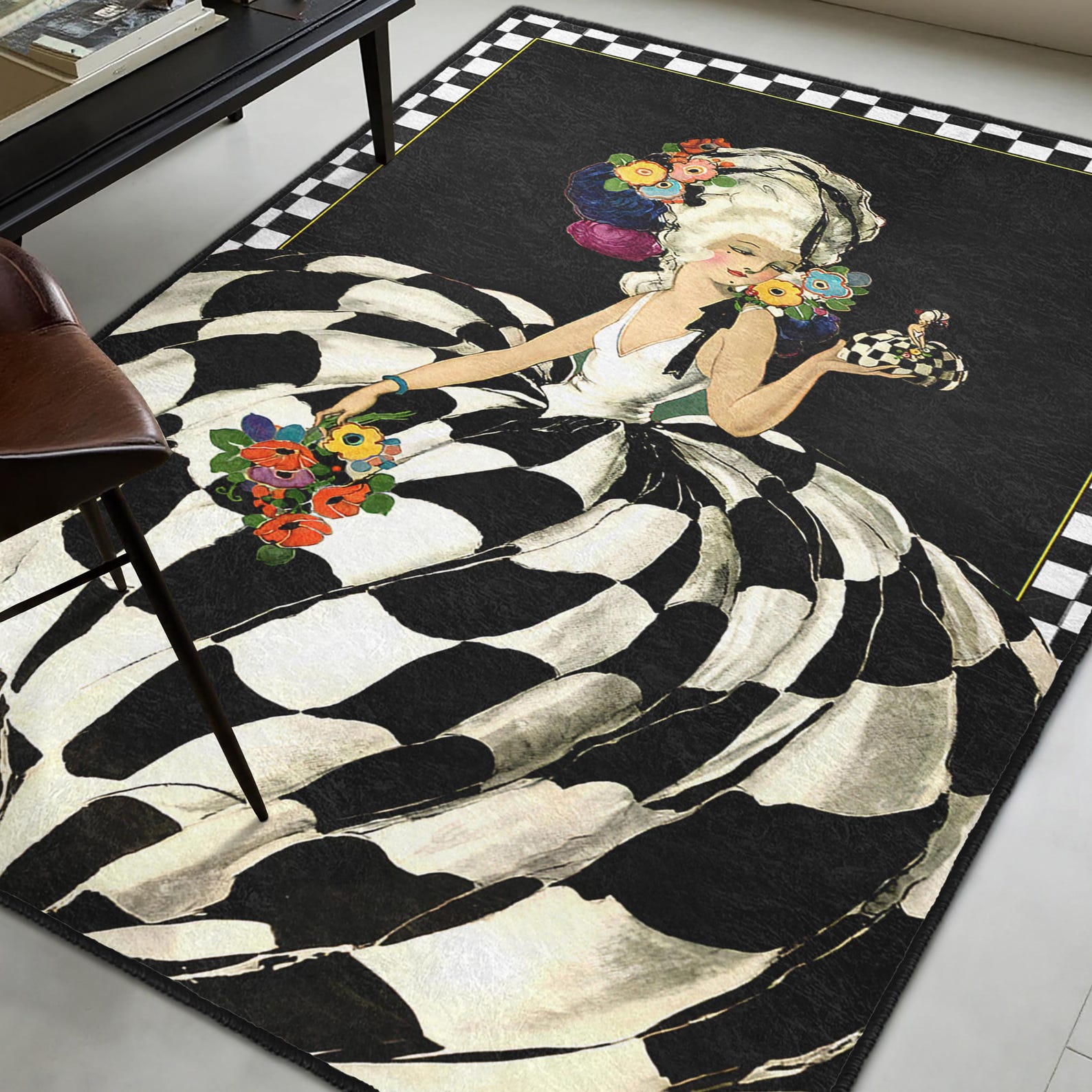 Baroque Lady Area Rug - Checkerboard Floral Carpet - Black White Accent ...