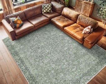 Green Floral Accent Rug - Vintage Lattice Area Rug-Botanical Anti Slip Carpet-Sage Living Room Mat-Intricate Square Rug-Elegant Floor Runner