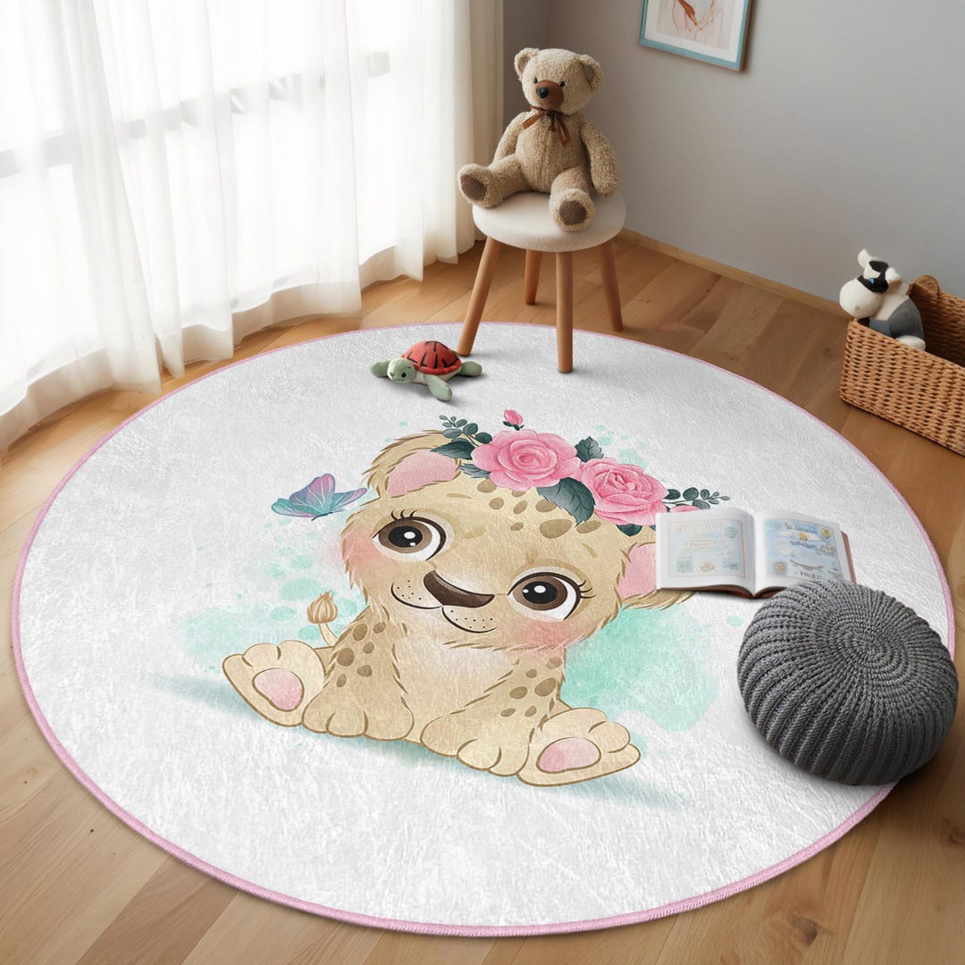 Adoptme Circular Rug Leopard Floral Kid's Room Round Rug -cute Animal Circle Carpet-bright ...