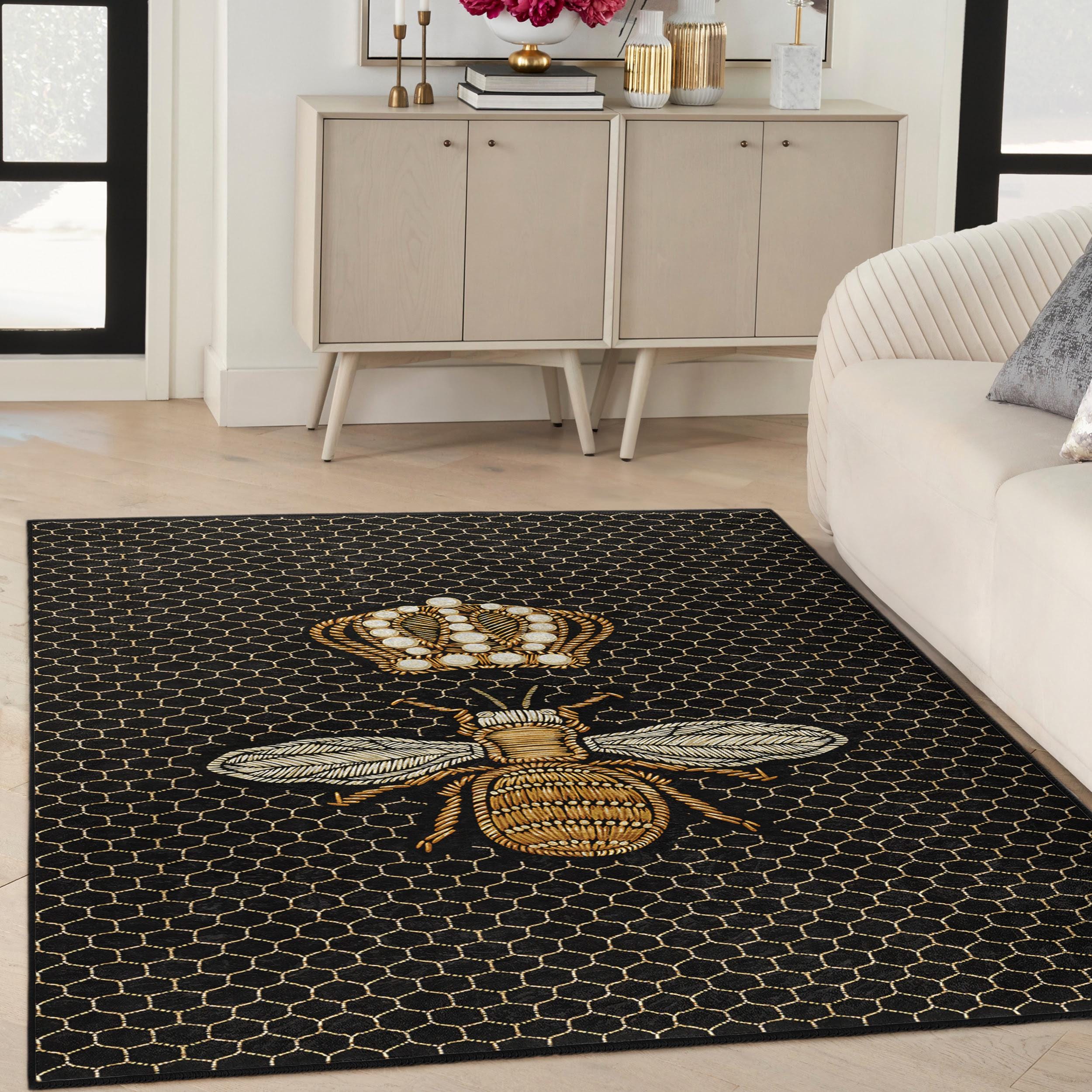 Buzzing Bee Area Rug - Honeycomb Art Carpet - Gold and Black Mat ...