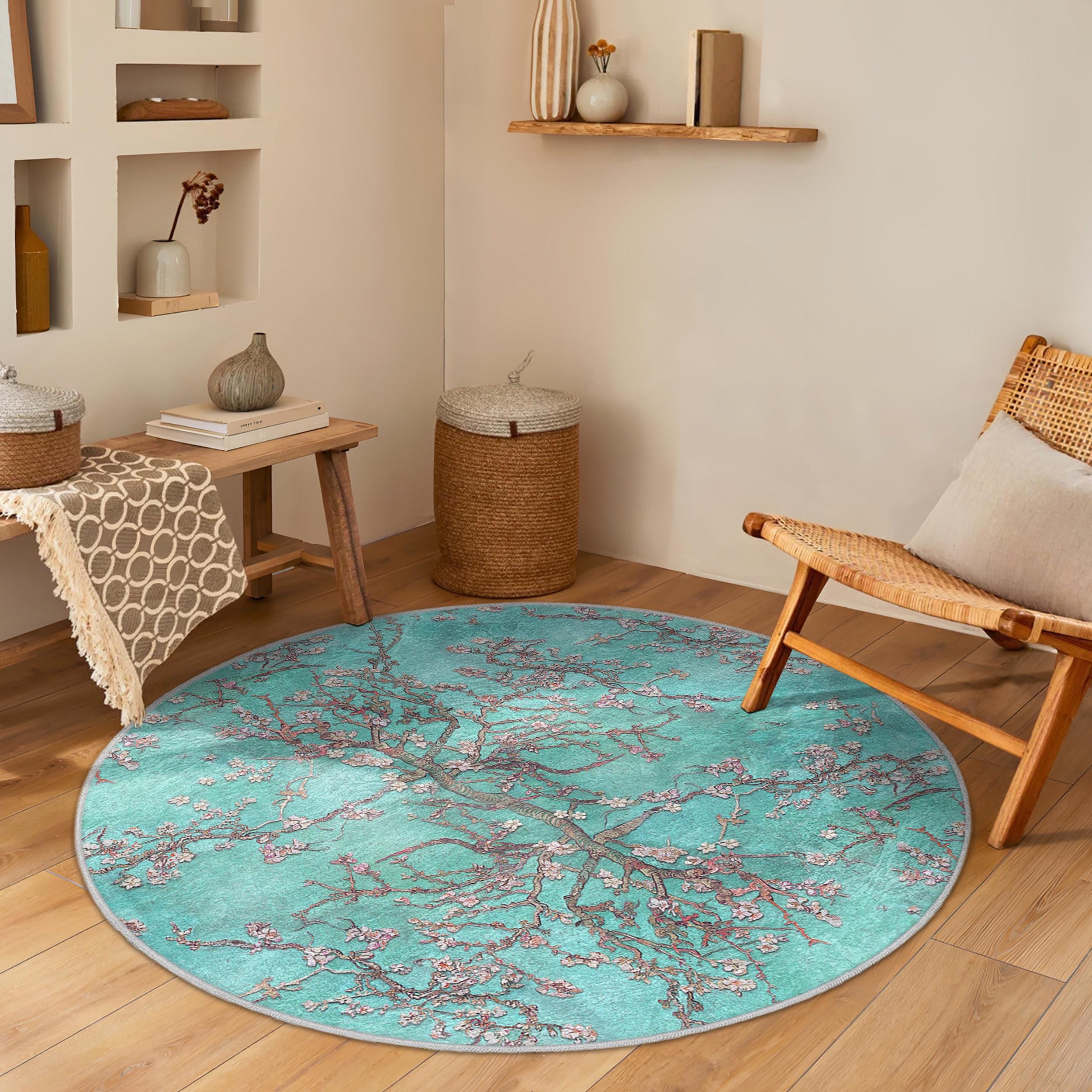 SALE【新品未使用】アスプルンド　ターコイズ 花柄 ラグ 約140x200cm 花咲く木の枝のデザインラグ - 素朴な花柄アートマット - ターコイズ