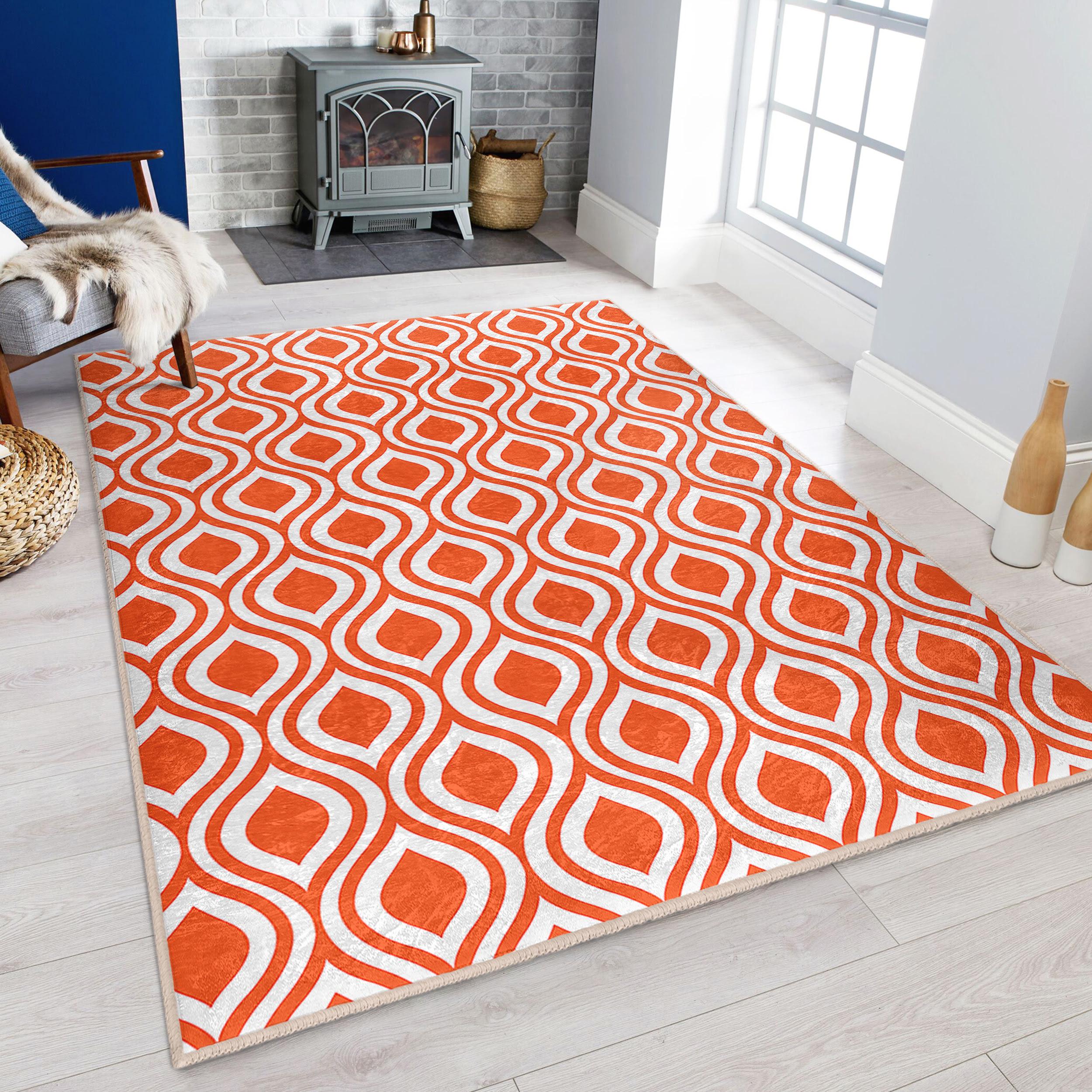 ダイヤモンドパターンラグ オレンジの曲線的なレトロアクセントラグ - 波型ダイヤモンドパターン