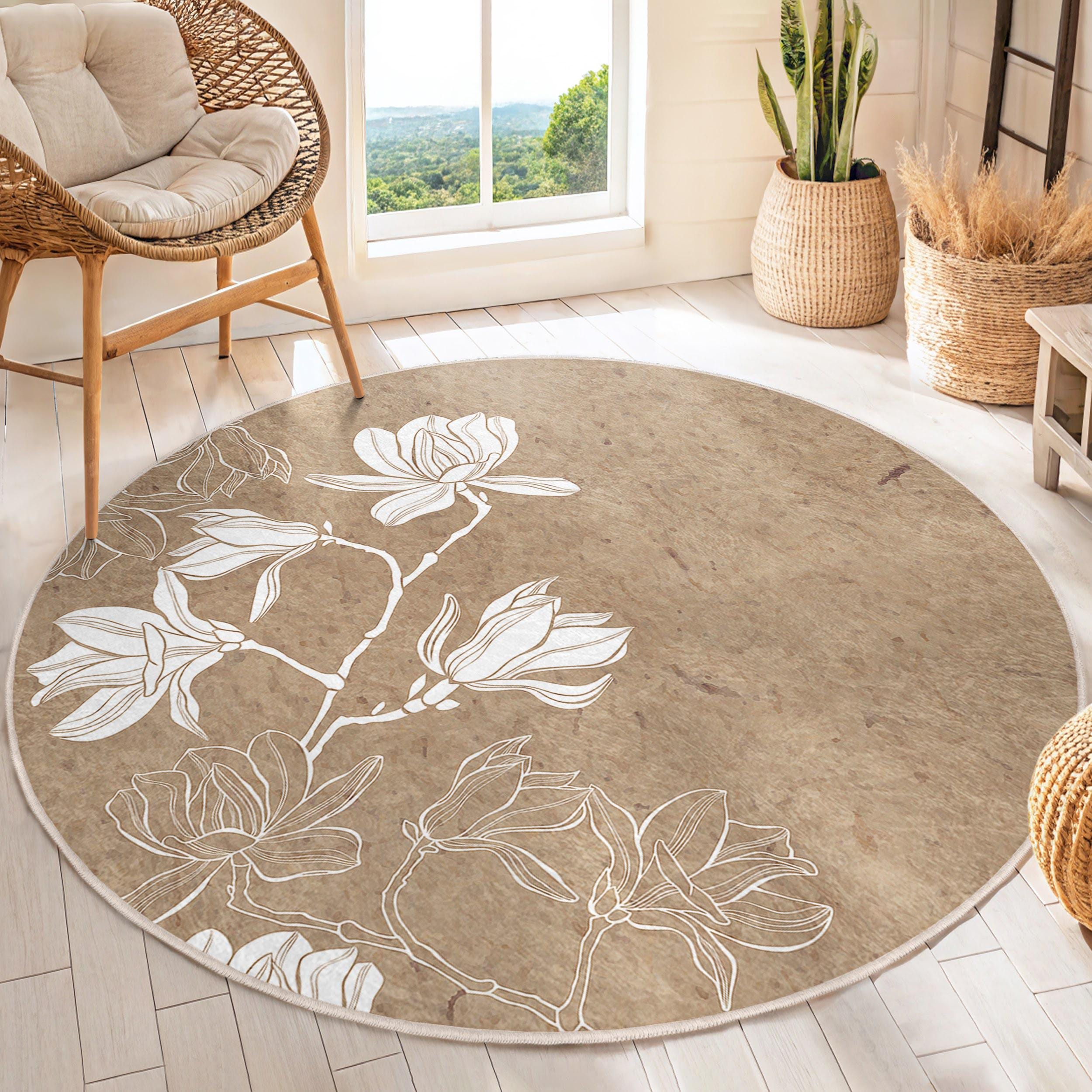 White Magnolia Floral Round Rug - Nature Inspired Flower Circle Mat ...