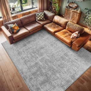 Könnte beinhalten: Ein grauer Teppich mit einem dezenten, abgenutzten Muster, der in einem Wohnzimmer mit einem braunen Ledersofa mit Eckelement liegt.