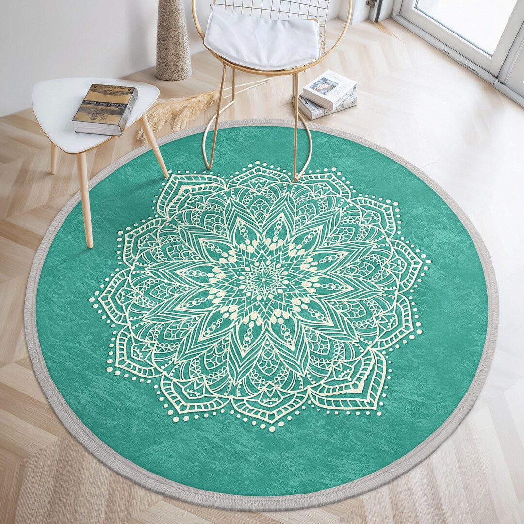 Mandala Rug Pattern Teal Mandala Pattern Round Rug-intricate Floral Lace Circle Carpet ...