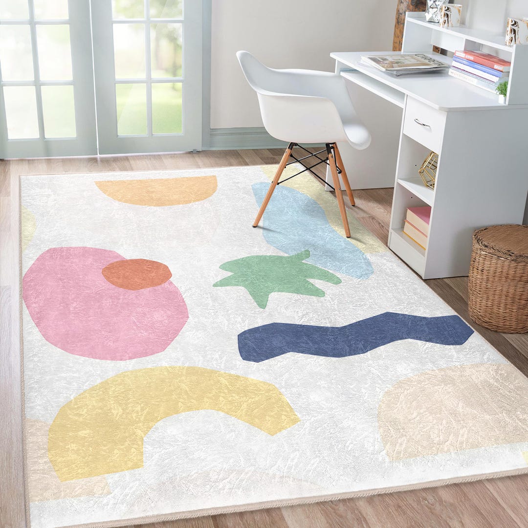 Simple Shapes Rug Colorful Abstract Shapes Rug - Pastel Organic Pattern Studio Carpet ...