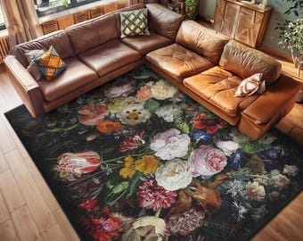 Alfombra oscura con diseño floral vintage, alfombra elegante con diseño botánico, alfombra con flores coloridas, alfombra decorativa de jardín negra, alfombra lavable a máquina, alfombra artística