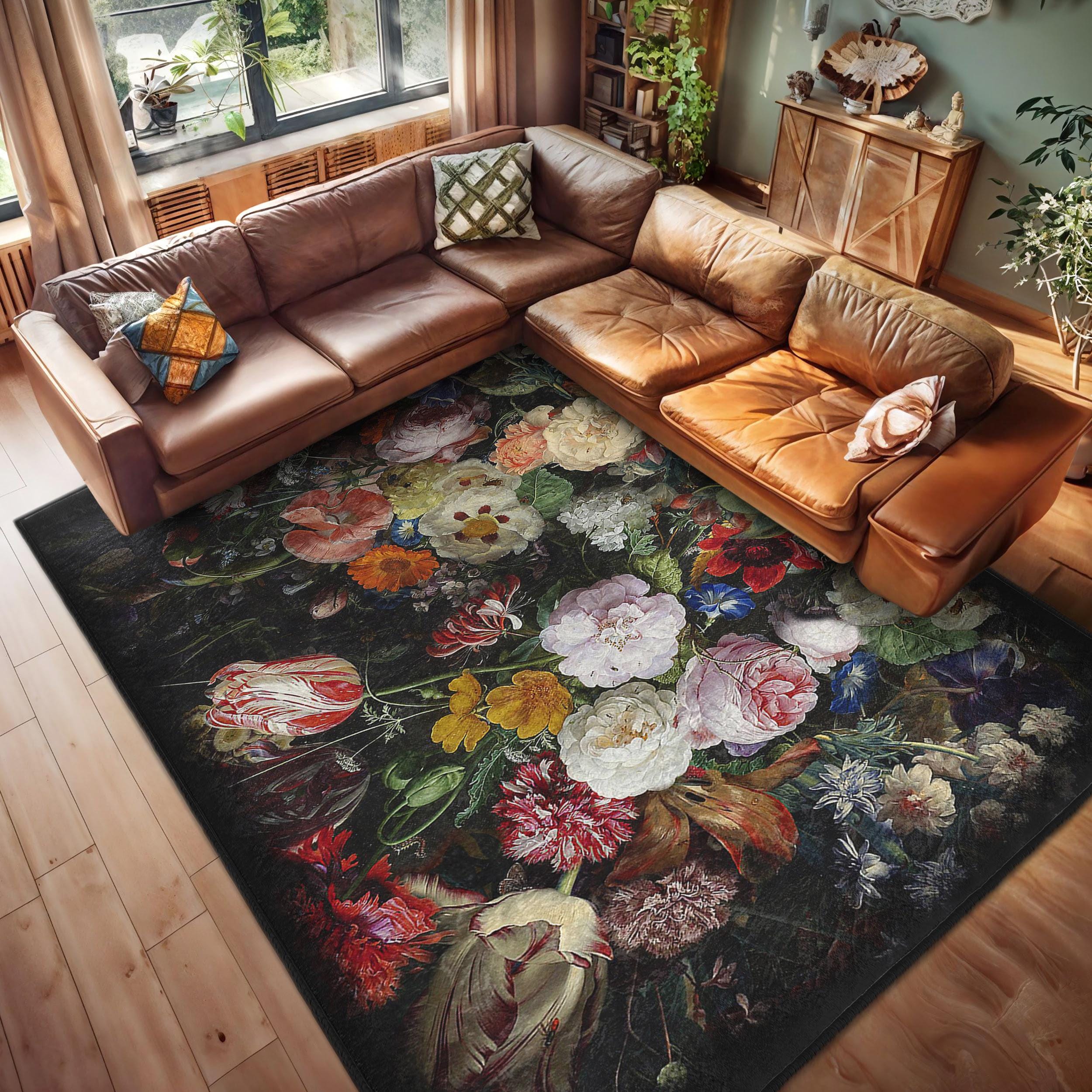 Vintage Floral Dark Area Rug - Botanical Elegance Runner