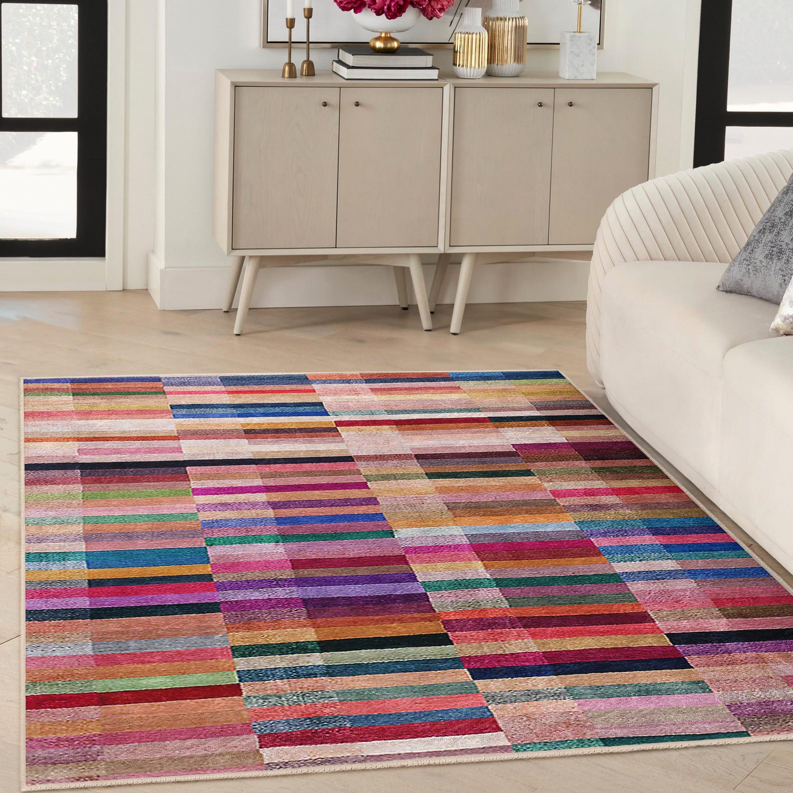 Colorful Stripes Area Rug - Vibrant Block Accent Carpet-multicolor Skid ...