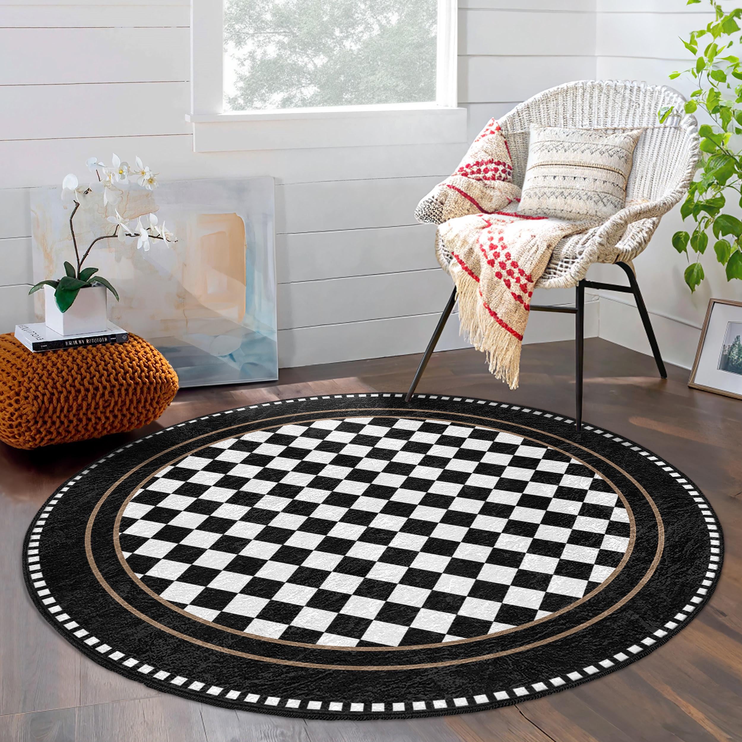 Checkerboard Modern Round Rug - Black White Geometric Circle