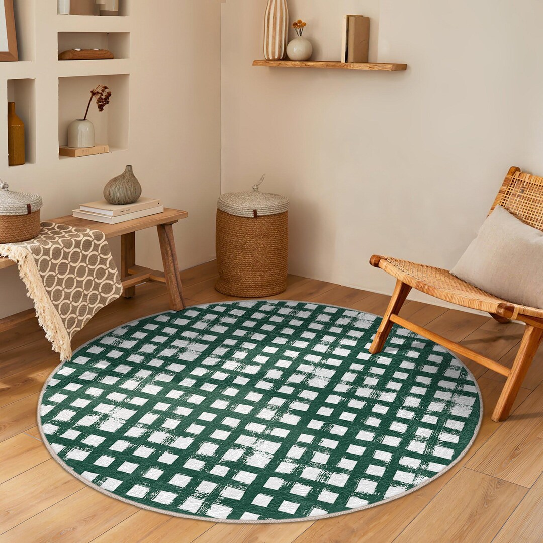 Green Checkered Grid Round Rug -geometric Square Pattern Circle Carpet ...