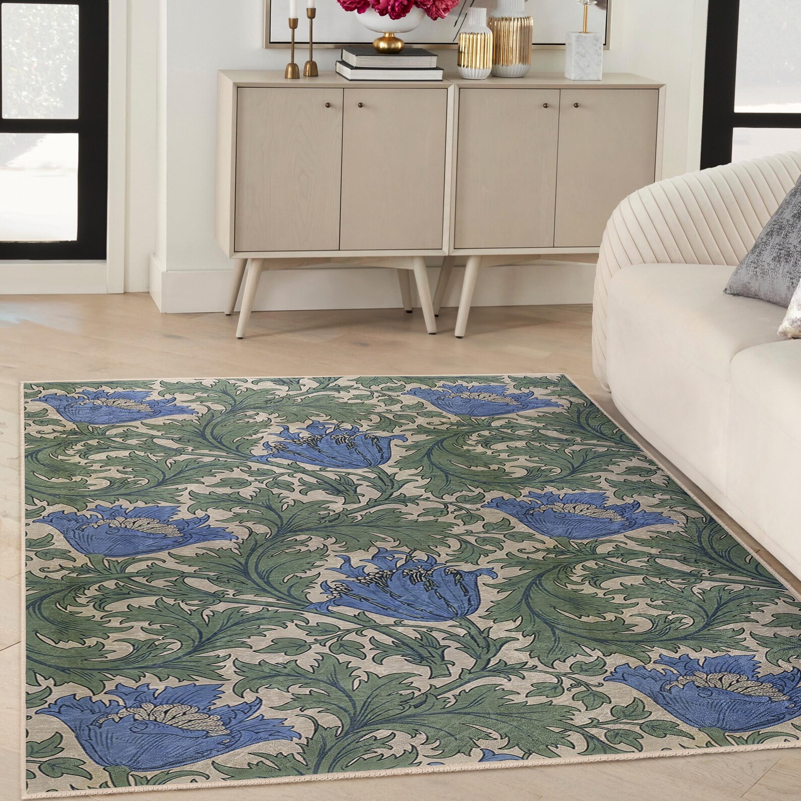 Blue Floral Botanical Area Rug - Vintage Leaf Pattern Accent Mat ...