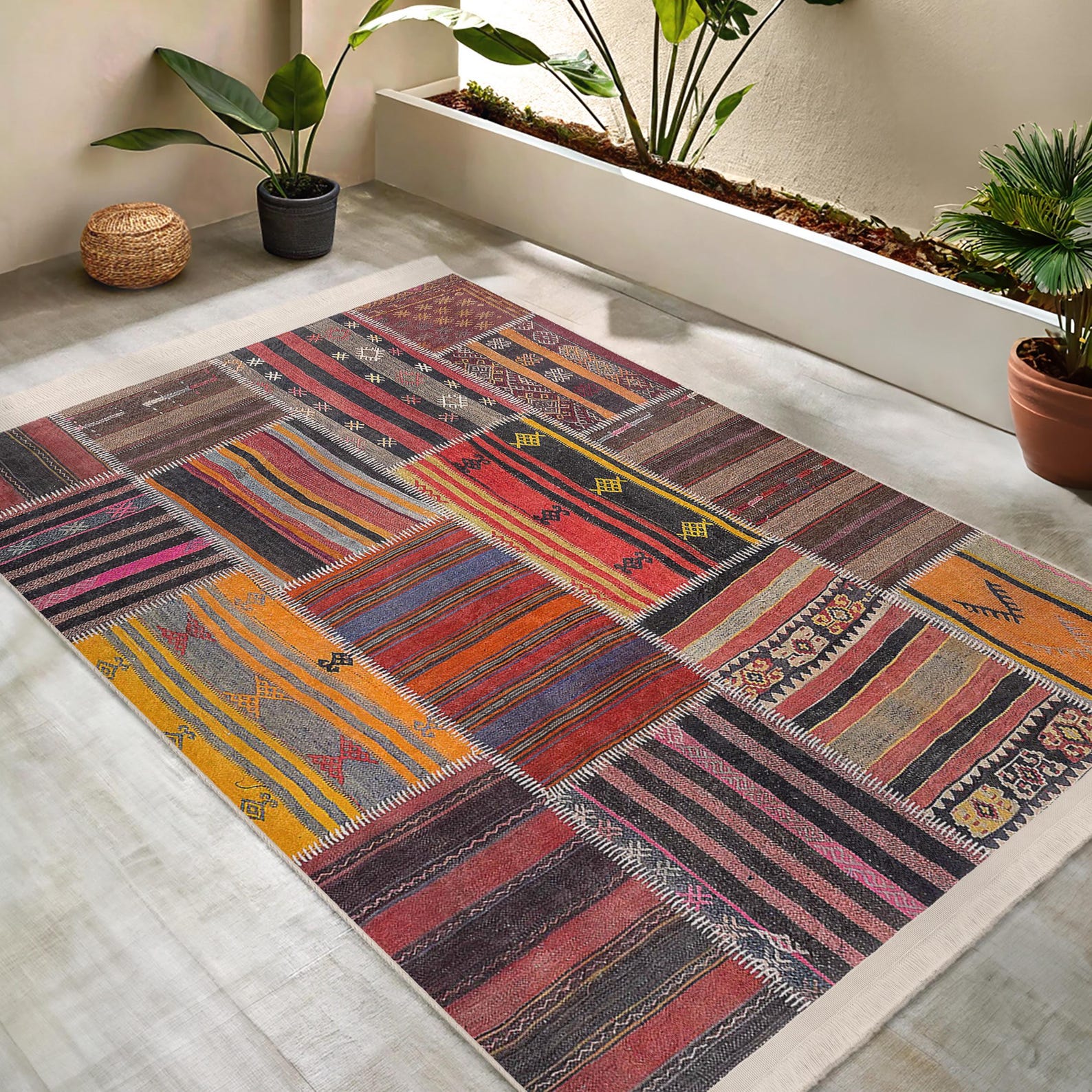 Striped Patchwork Area Rug - Vibrant Geometric Accent Carpet ...