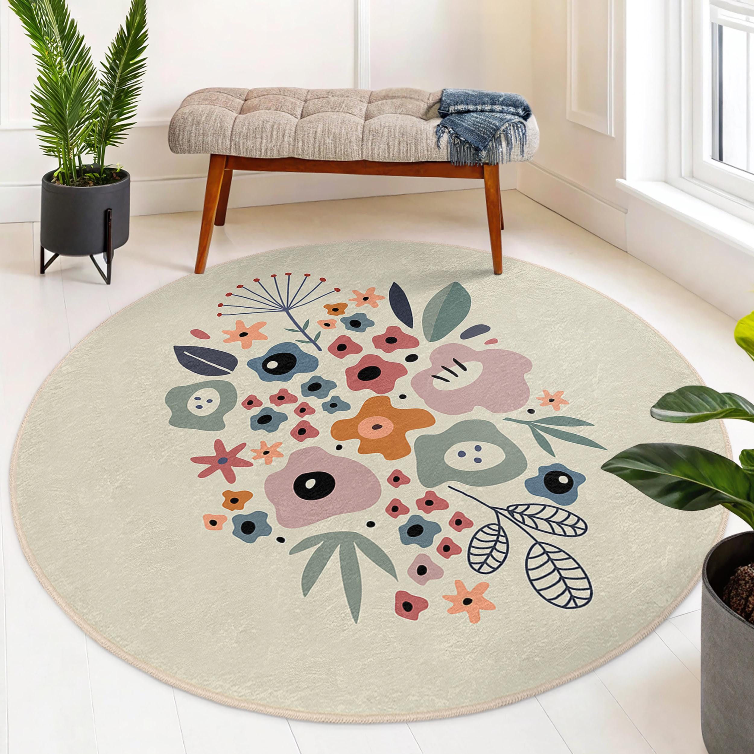 Pattern Floral Whimsical Rug Whimsical Floral Pastel Round Rug - Blooming Botanical Pattern Circle ...