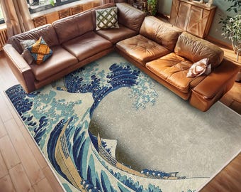 風景画絨毯　海外お土産　ラグ オーシャンウェーブアートラグ - 水彩画の波のカーペット - 沿岸