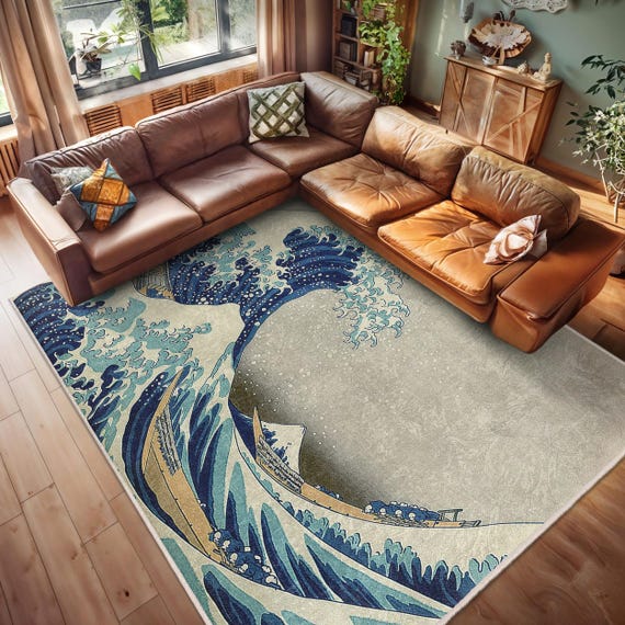 オーシャンウェーブアートラグ - 水彩画の波のカーペット - 沿岸
