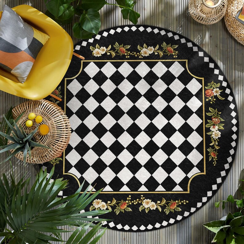 Elegant Checkered Floral Round Rug - Black White Circle Carpet-classic ...