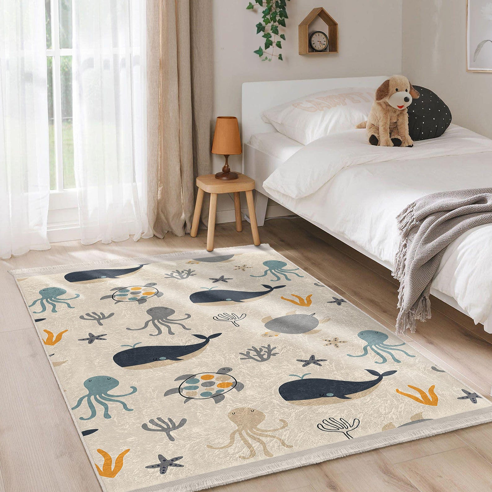 Undersea Creatures Kids Room Rug - Sea Life Octopus Whale Nursery Decor ...