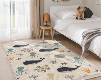 Undersea Creatures Kids Room Rug - Sea Life Octopus Whale Nursery Decor-Playful Childhood Carpet-Nautical Ocean Theme Washable Anti-Slip Mat