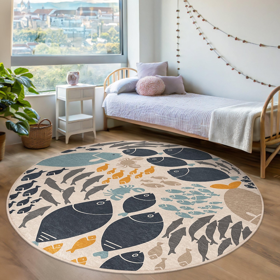 Tappeto Rotondo Morbido Retrò 120 Cm | Antiscivolo Con Motivo Piante E Fiori Per Soggiorno E Cameretta