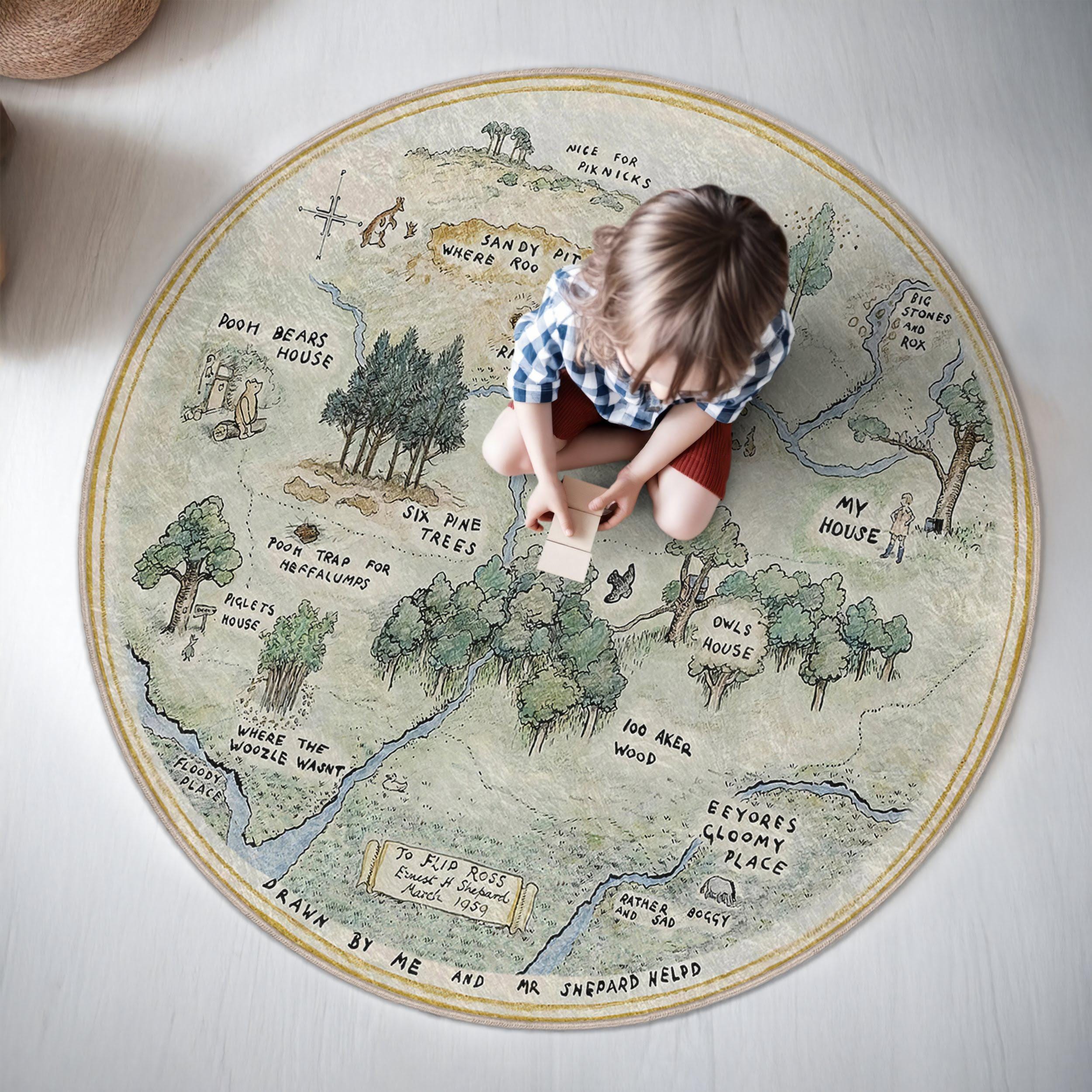 Winnie Map Kids Room Round Rug -100 Acre Forest Map Circle Carpet-Woodland Playroom Mat-Vintage Storybook Nursery Carpet-Green Pooh Oval Mat