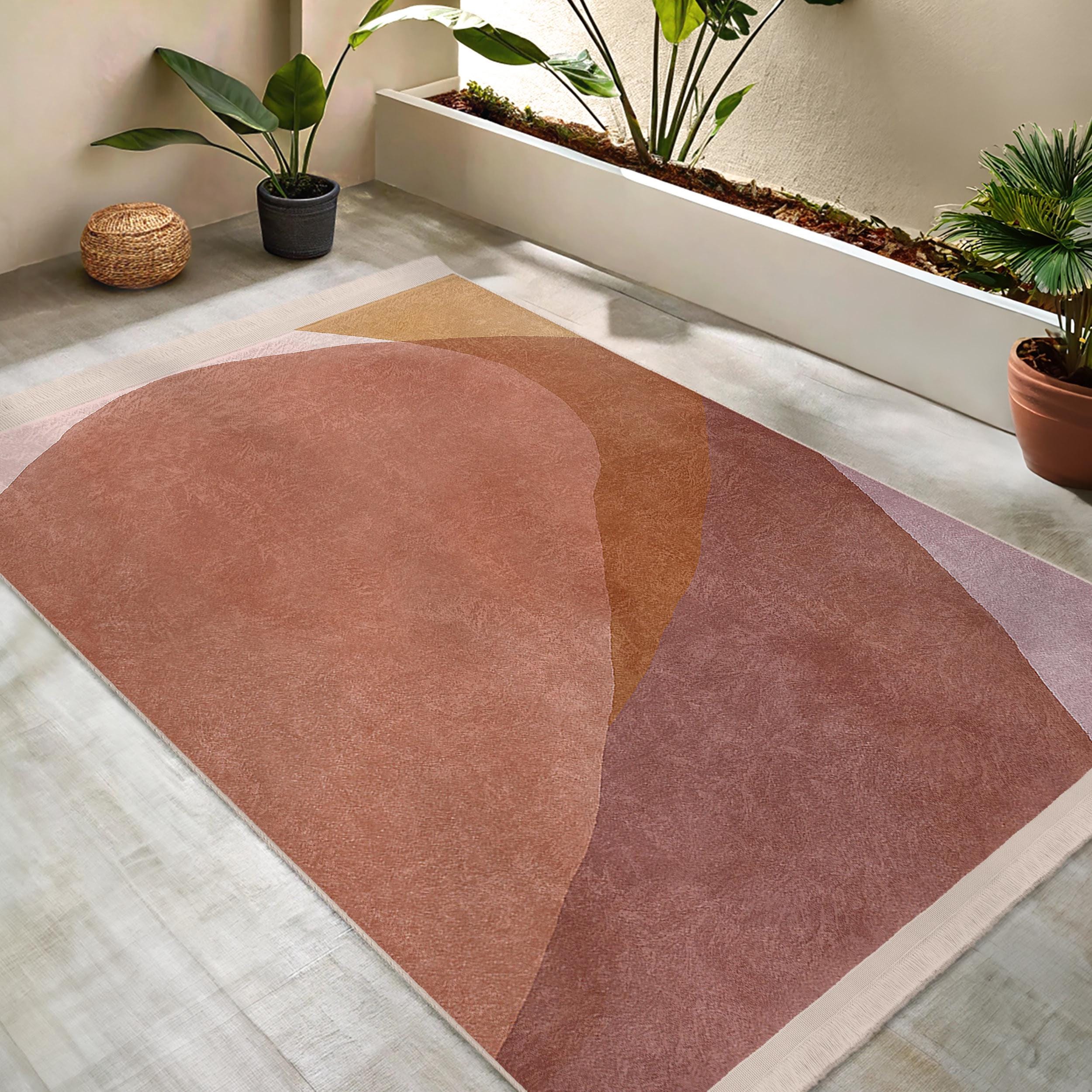 Warm Terracotta Abstract Area Rug - Earthy Layer Shapes Mat - Modern Anti Slip Carpet - Boho Living Room Throw Rug - Blush Accent Square Rug