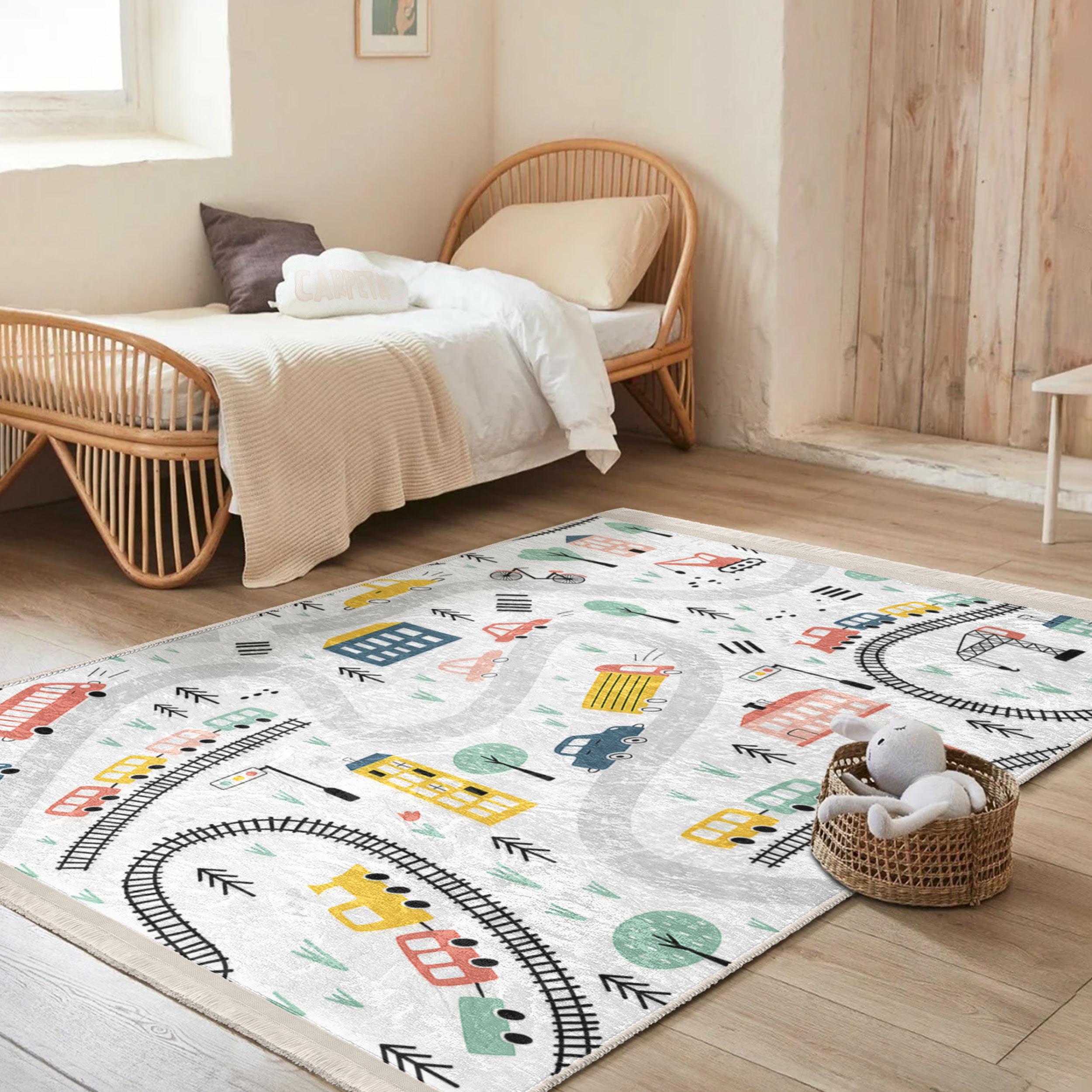 Classroom Train Rug Nursery Road Map Rug-cars Train Tracks Mat-carpet for Kids Room ...