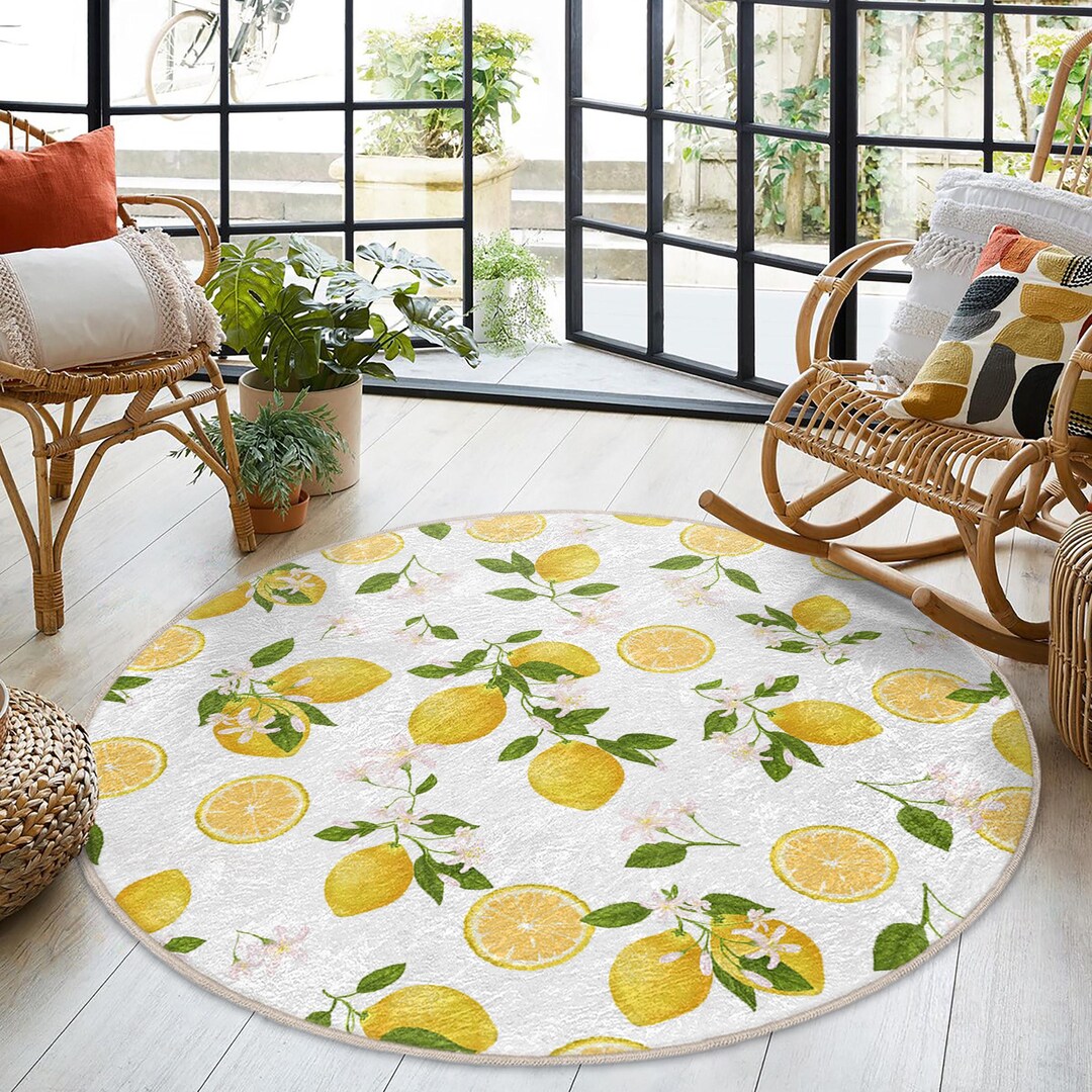 Lemon Citrus Design Round Rug - Fruit Blossom Pattern Circle Mat-white ...