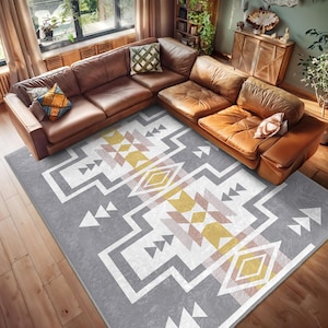 Geometric Gray Beige Area Rug -Modern Tribal Design Accent Rug-Southwestern Art Carpet-Multi Colored Anti-Slip Mat-Contemporary Decor Runner