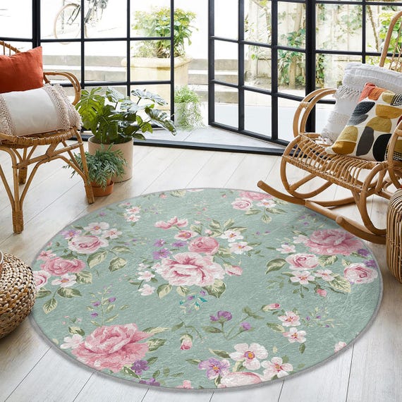 ラグ・カーペット Kyne Stamp Circle Rug by ROOM Pink Shabby Chic Floral Round Rug - Pastel Rose Blooms Round Area Rug