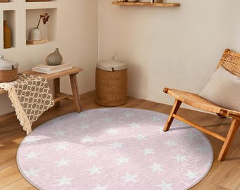 Pink Star-patterned Round Rug - Celestial White Stars Carpet