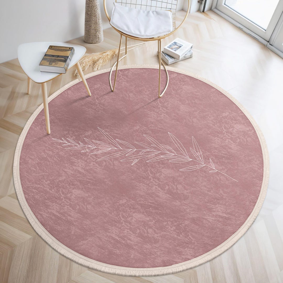 Round Pink Rug Next Rose Leafy Design Round Rug - Elegant Botanical Pattern Circle Carpet ...