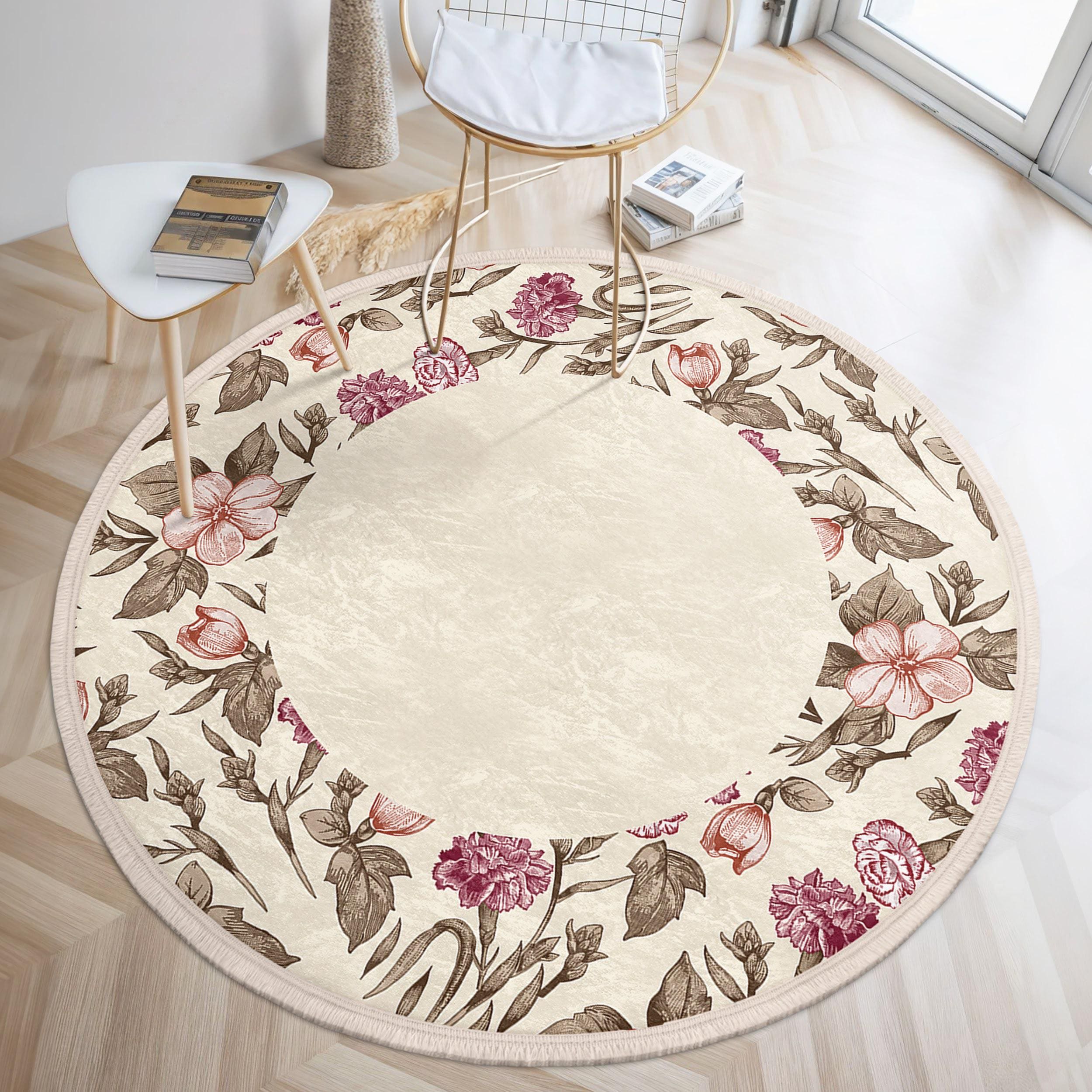 Elegant Floral Border Round Rug - Pink Rose Garden Bloom Circle Mat ...