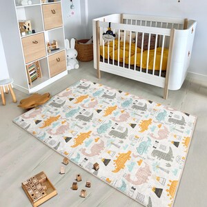 Colorful Dinosaur Playtime Rug -Dino Cartoon Pattern Nursery Carpet-Creative Dino Playmat for Kids-Roaring Dino Accent Rug-Washable Kids Rug