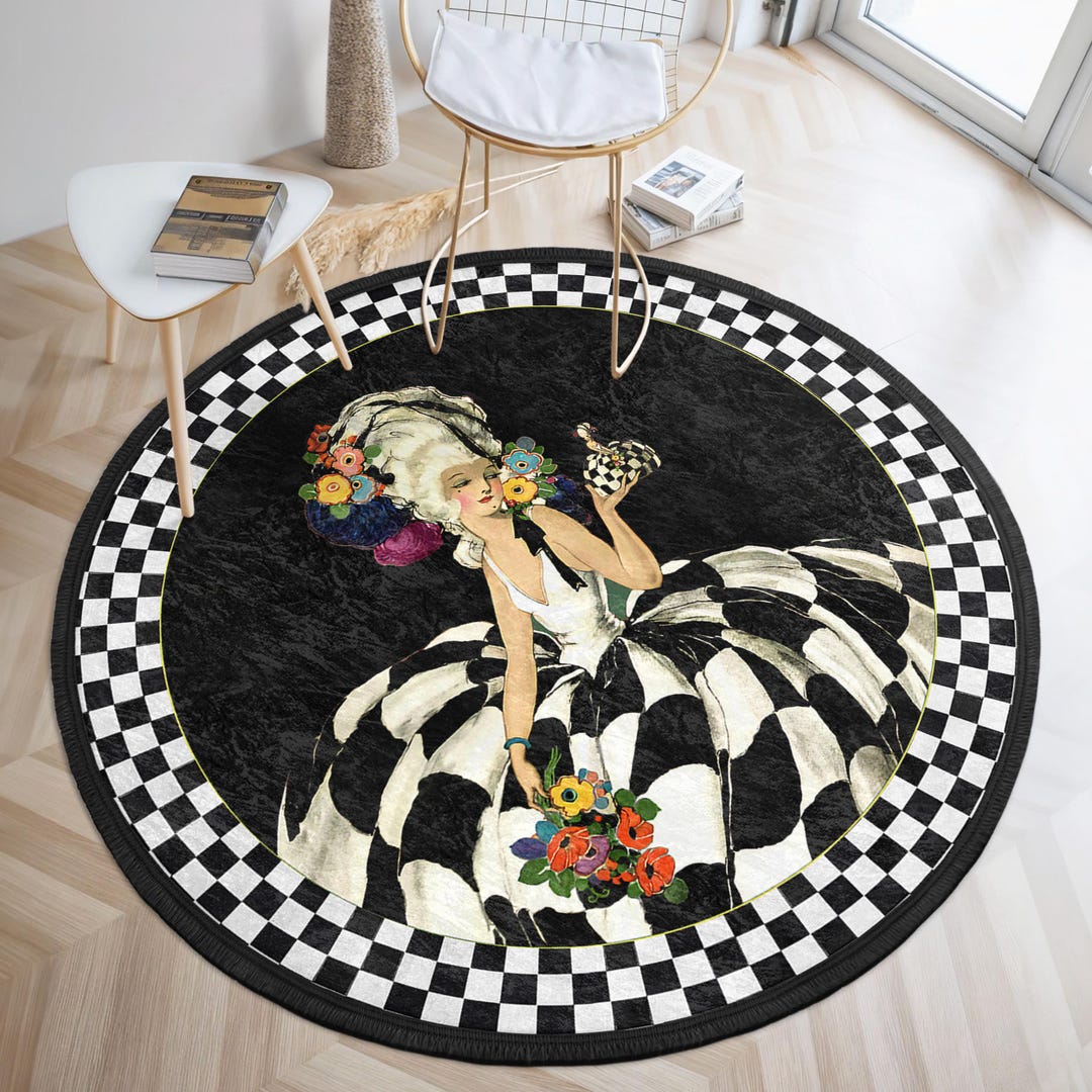 Elegant Checkered Lady Round Rug - Black White Floral Circle Mat ...