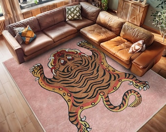 Tiger Striped Pink Area Rug - Feline Motif Accent Carpet -Vintage Look Square Rug-Creative Animal Runner-Boho Floor Mat-Modern Living Carpet