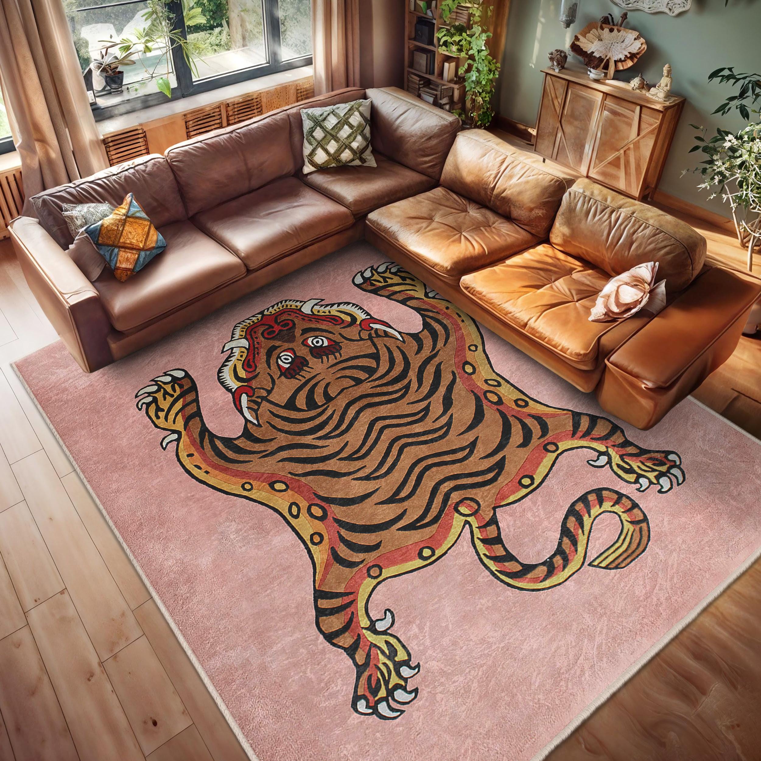 Tiger Striped Pink Area Rug - Feline Motif Accent Carpet -vintage