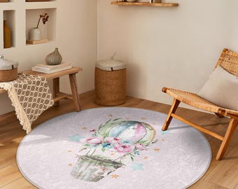 Fantasy Balloon Floral Round Rug - Vintage Hot Air Pattern Circle Carpet-Pastel Star Accent Rug-Pink Flower Round Carpet-Decorative Oval Mat