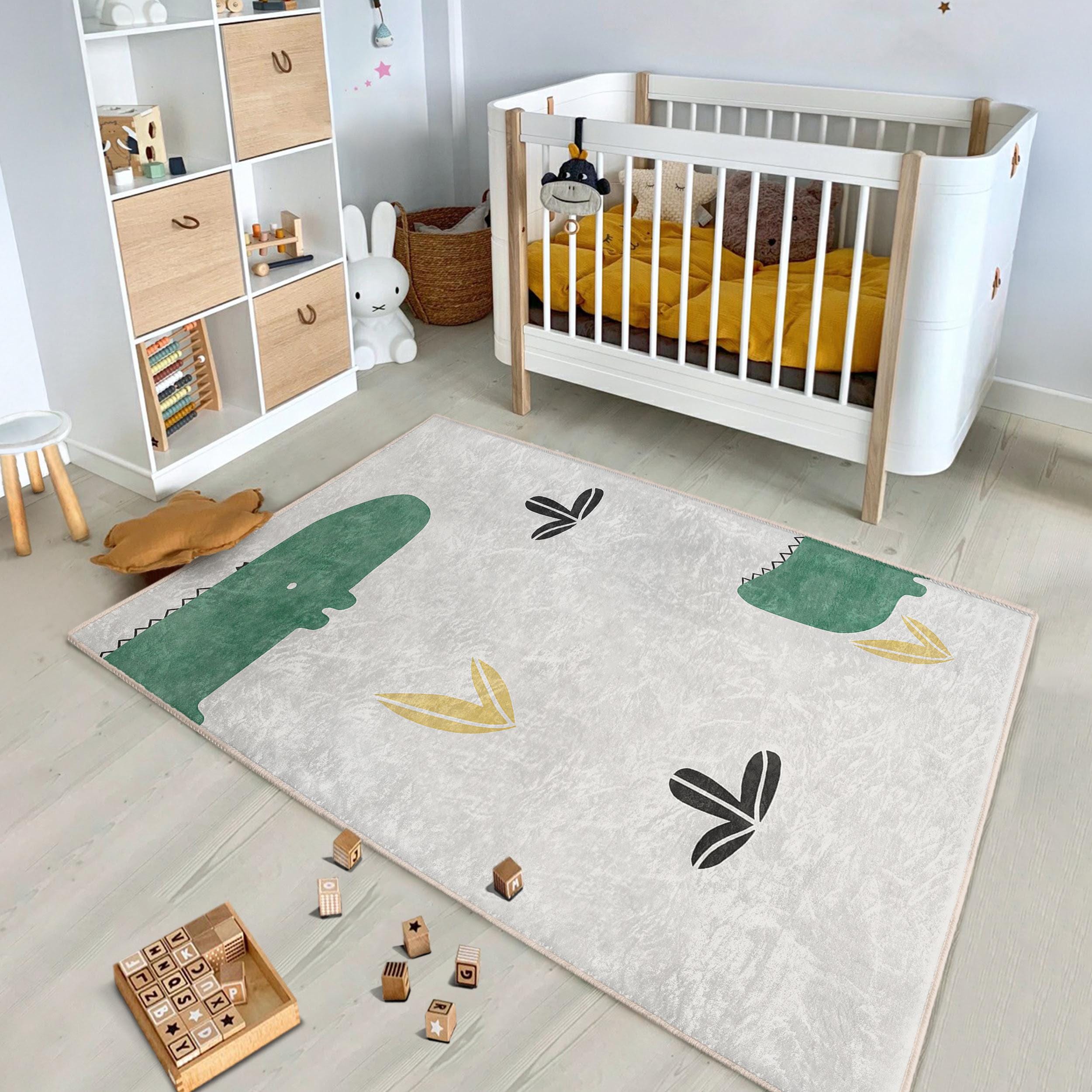 Colorful Dinosaur Playtime Rug -Whimsical Crocodile Leaf Motifs Mat-Nursery Carpet-Green Accent Rug-Children's Room Mat-Fun Animal Theme Rug