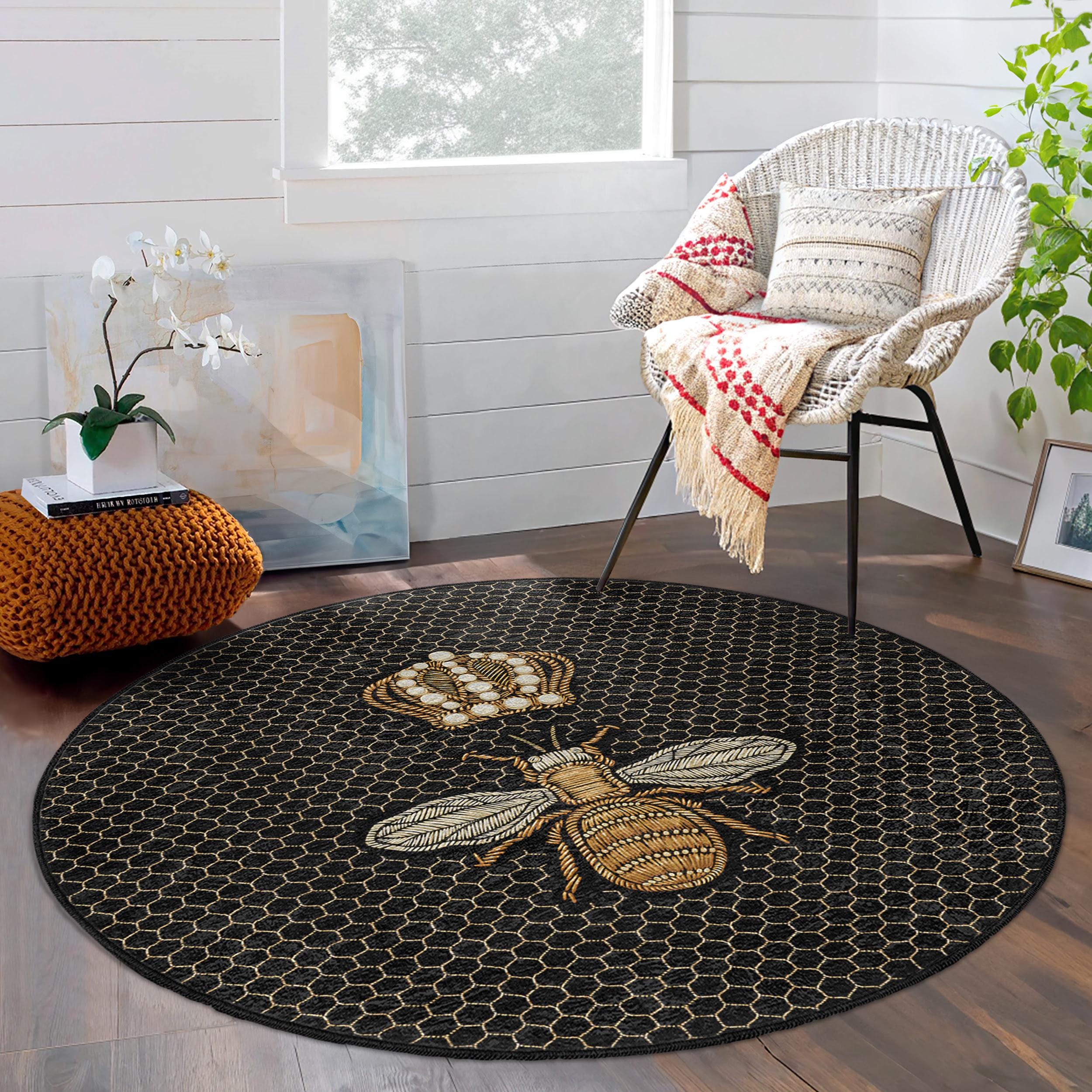 Bee Rug Runner Hexagon Honey Bee Round Rug - Bee Honeycomb Circle Carpet -black Bee ...