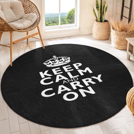 Keep Calm Text Round Rug - Crown Emblem Black Carpet