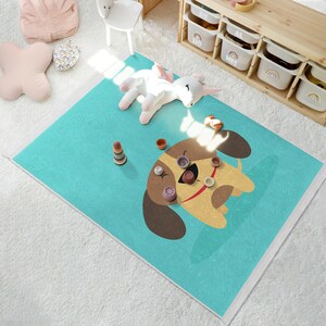 Cute Puppy Design Rug - Turquoise Cartoon Dog Mat - Colorful Kids Room ...