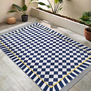 Checkered Blue Rug - Home Accent Carpet - Washable Area Carpet