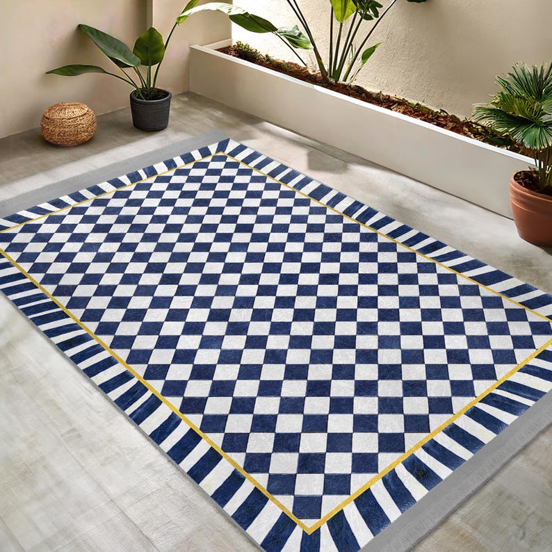 Checkered Blue Rug - Home Accent Carpet - Washable Area Carpet
