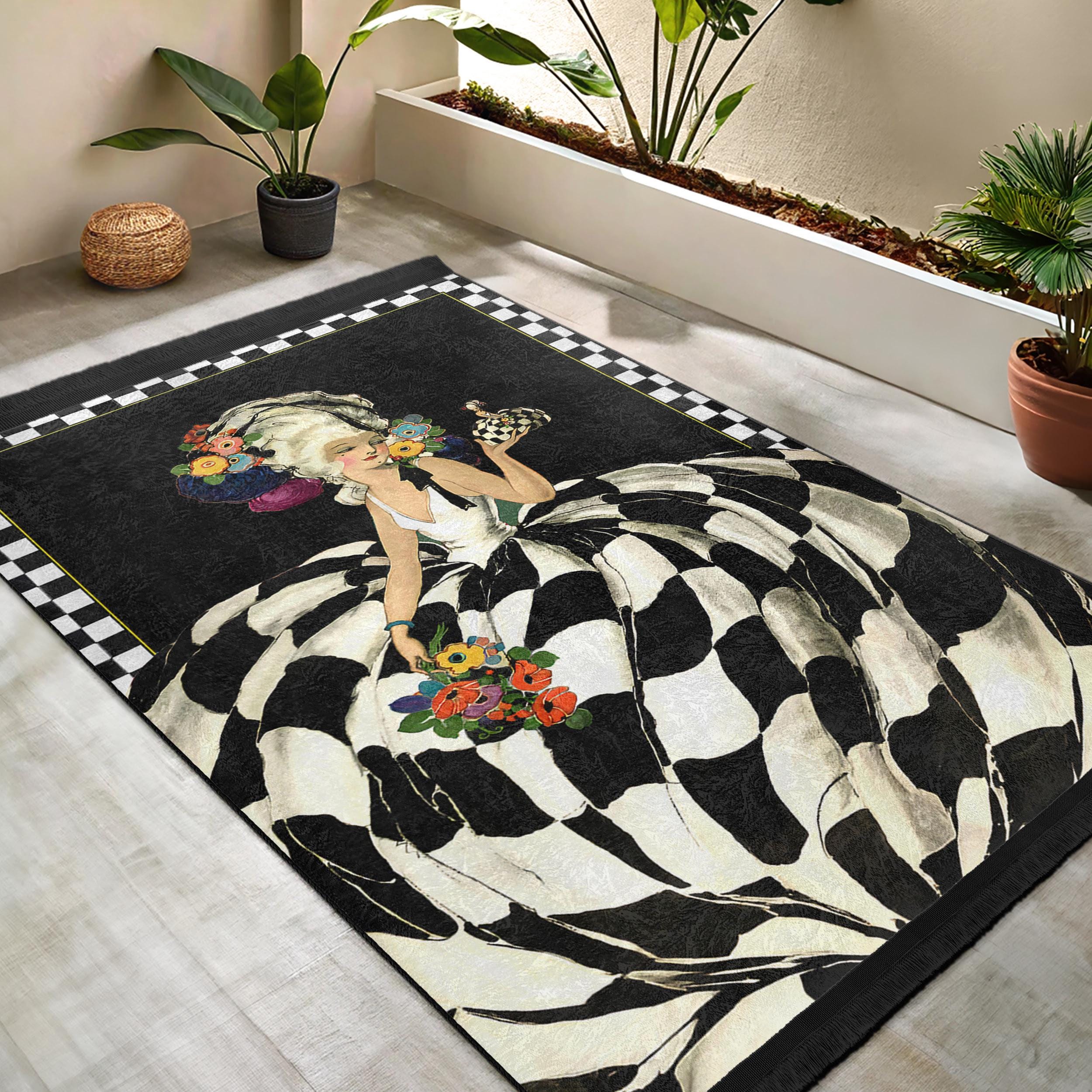 Baroque Lady Area Rug - Checkerboard Floral Carpet - Black White Accent ...