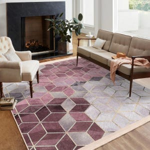 Pink Geometric Cube Area Rug - Hexagon Illusion Carpet - Gold Accent Anti Slip Rug - Purple Living Room Mat - Modern Pastel Throw Rug