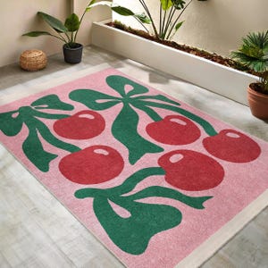 Pink Cherry Motif Area Rug -bold Fruit Leaf Pattern Rug-vibrant Anti ...