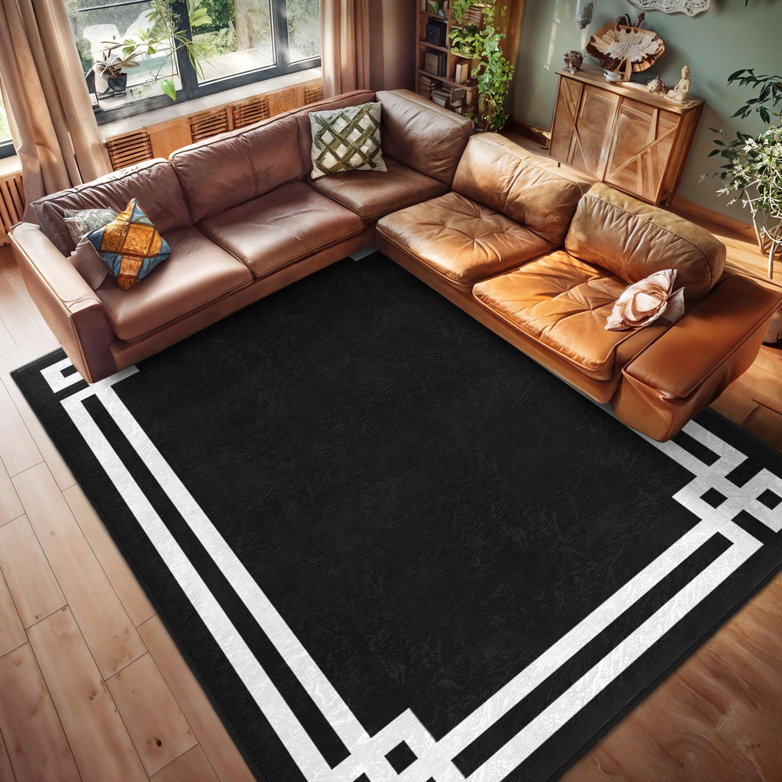 Black Geometric Framed Area Rug - White Bordered Accent Mat